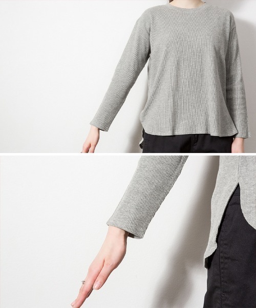 atONE（アットワン）の「atONE ワッフルカットソー テールヘム サイドスリット プルオーバー 長袖（Tシャツ/カットソー・レディース・ブラック/カーキ/杢グレー/ネイビー/ホワイト・LL～3L/4L～5L/M-L）」の18枚目の写真