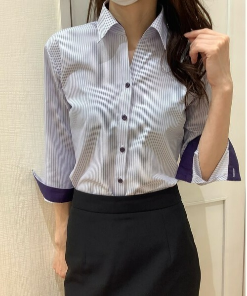 TOKYO SHIRTS(トウキョウシャツ)の「形態安定ノーアイロン スキッパー衿 七分袖ビジネスワイシャツ(ビジネスシャツ・レディース・パープル・XL/S/L/LL/M/XS)」の1枚目の写真