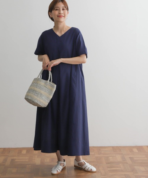 リネンコットンVネックフレアワンピース
