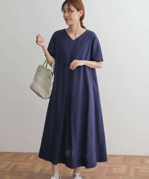 リネンコットンVネックフレアワンピース