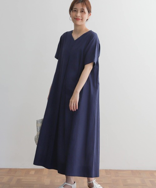 リネンコットンVネックフレアワンピース