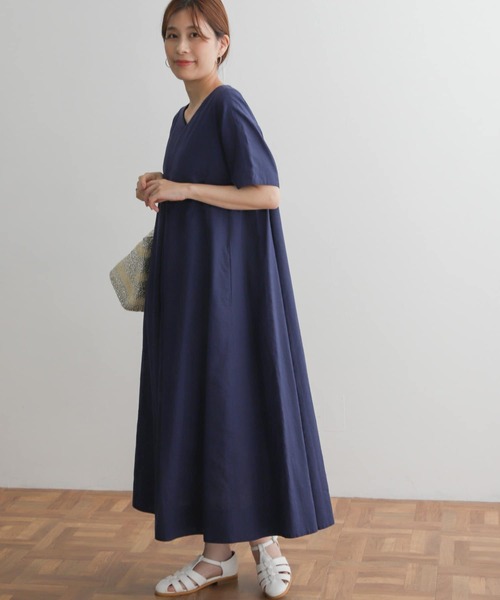 リネンコットンVネックフレアワンピース