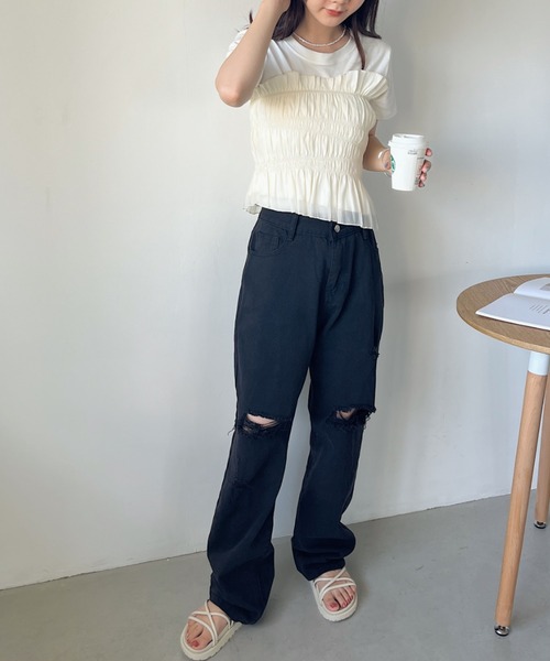 CLEA(クレア)の「シャーリングアシメビスチェ(チューブトップ・レディース・アイボリー/ブラック・FREE)」の9枚目の写真