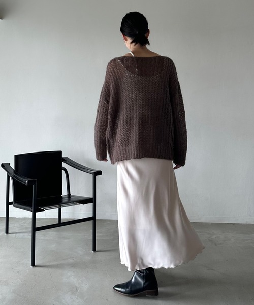 美品✨【パドカレ】アシンメトリー フレア ニット セーター モヘヤ 混 ブラウン パドカレpas de calais アルパカ混ニットブラウン Vネックセーター