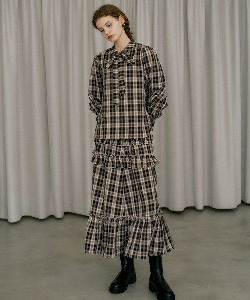 idem(イデム)の「wave sleeve 2way check bowtie blouse/チェックリボンボウタイブラウス(シャツ/ブラウス・レディース・チョコ/グリーン・FREE)」の14枚目の写真