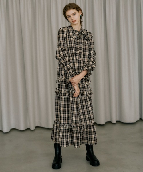 idem(イデム)の「wave sleeve 2way check bowtie blouse/チェックリボンボウタイブラウス(シャツ/ブラウス・レディース・チョコ/グリーン・FREE)」の15枚目の写真