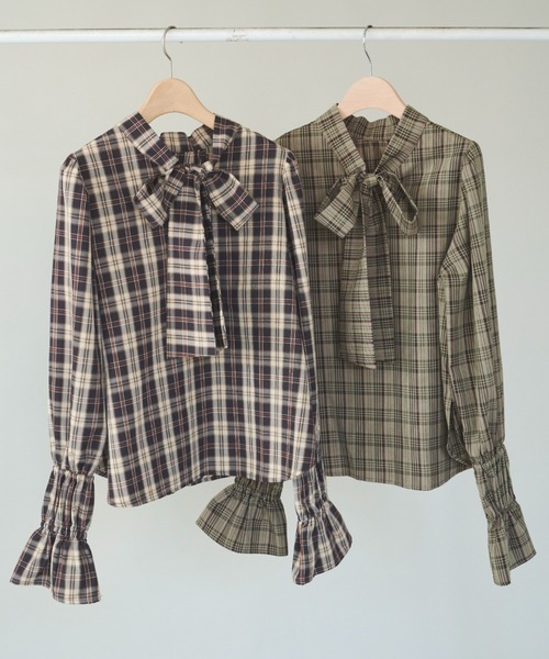 idem（イデム）の「wave sleeve 2way check bowtie blouse/チェック