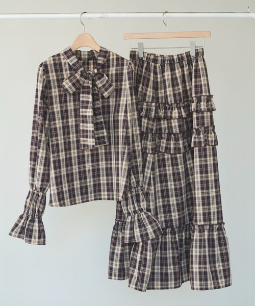 idem(イデム)の「wave sleeve 2way check bowtie blouse/チェックリボンボウタイブラウス(シャツ/ブラウス・レディース・チョコ/グリーン・FREE)」の8枚目の写真