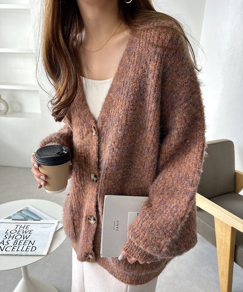セール】片畦編みカラーミックス長袖ニットカーディガン（カーディガン