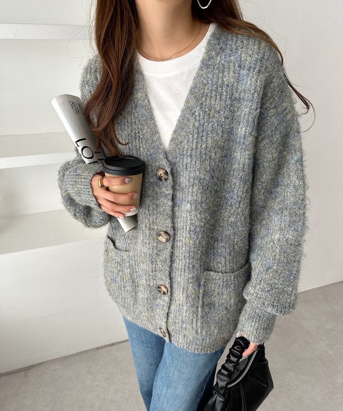 セール】片畦編みカラーミックス長袖ニットカーディガン（カーディガン