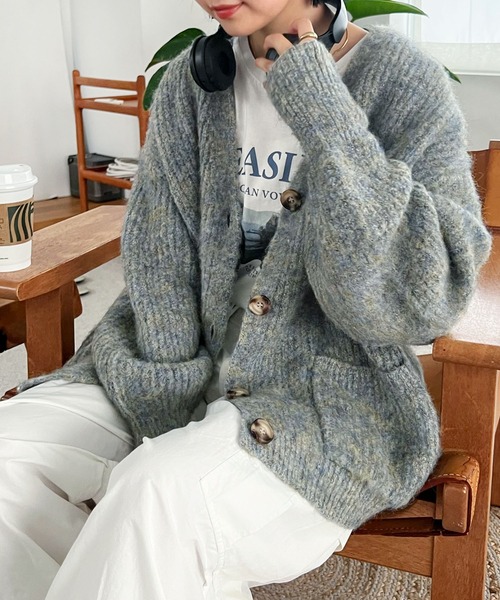 セール】片畦編みカラーミックス長袖ニットカーディガン（カーディガン