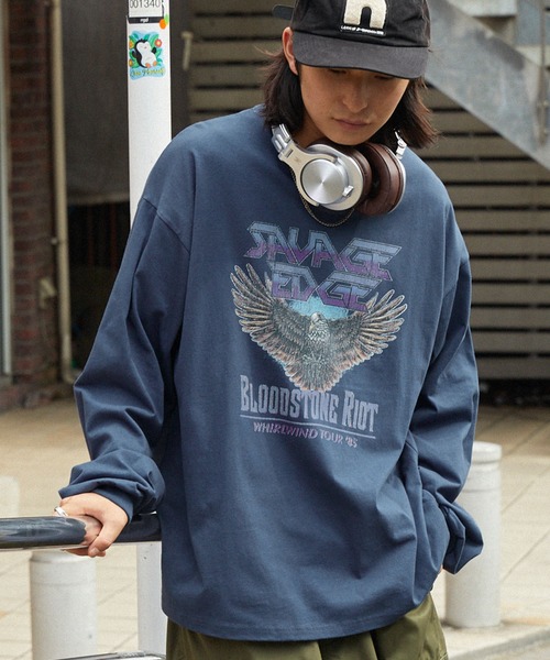 MONO-MART(モノマート)の「ヴィンテージライクロックプリント ビッグシルエット長袖Tシャツ(Tシャツ/カットソー・メンズ・ブルー系1/ホワイト系1/グレー系1/グレー系2/ホワイト系3・M/L)」の5枚目の写真