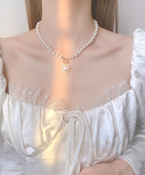 float】ハートモチーフ パール ビジュー ネックレス（ネックレス
