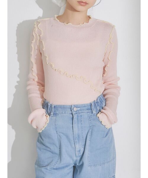 merry jenny(メリージェニー)の「シアーメローニット(Tシャツ/カットソー・レディース・ブルー/オフホワイト/ピンク・FREE)」の3枚目の写真