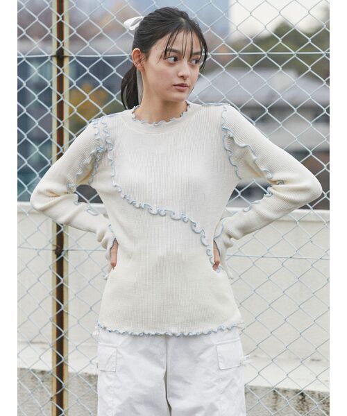 merry jenny(メリージェニー)の「シアーメローニット(Tシャツ/カットソー・レディース・ブルー/オフホワイト/ピンク・FREE)」の7枚目の写真