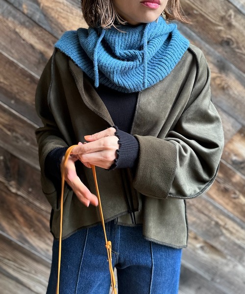 mi via loca（ミヴィアロカ）の「スウェード×ボア 配色ステッチコンチョ釦ラグランジャケット（ノーカラージャケット・レディース・ブラック/カーキ/ベージュ・FREE）」の8枚目の写真