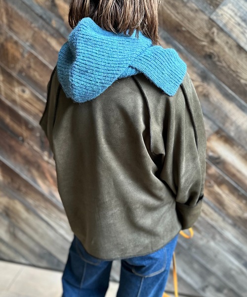 mi via loca（ミヴィアロカ）の「スウェード×ボア 配色ステッチコンチョ釦ラグランジャケット（ノーカラージャケット・レディース・ブラック/カーキ/ベージュ・FREE）」の11枚目の写真