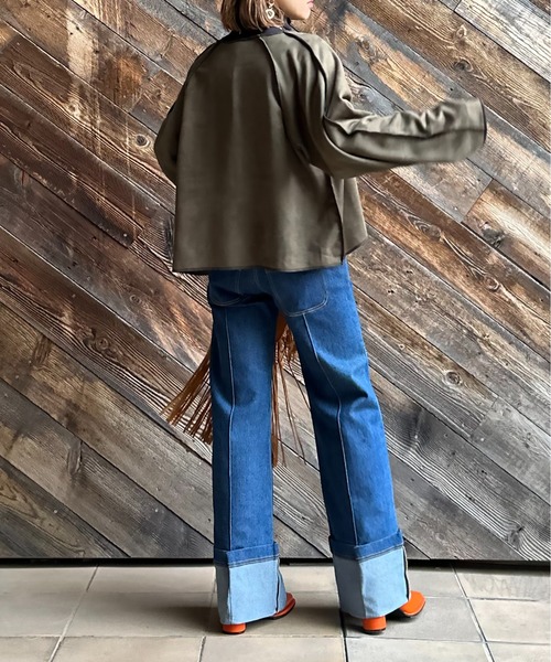 mi via loca（ミヴィアロカ）の「スウェード×ボア 配色ステッチコンチョ釦ラグランジャケット（ノーカラージャケット・レディース・ブラック/カーキ/ベージュ・FREE）」の6枚目の写真