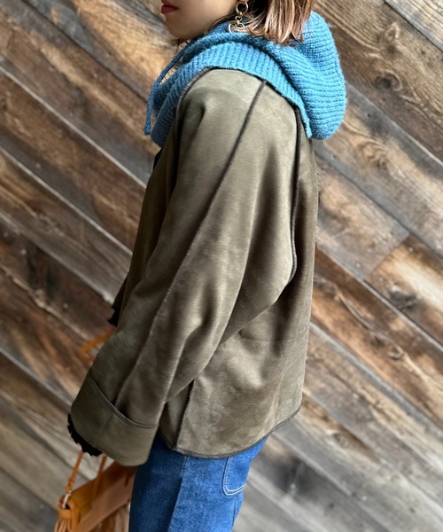 mi via loca（ミヴィアロカ）の「スウェード×ボア 配色ステッチコンチョ釦ラグランジャケット（ノーカラージャケット・レディース・ブラック/カーキ/ベージュ・FREE）」の10枚目の写真