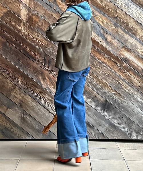 mi via loca（ミヴィアロカ）の「スウェード×ボア 配色ステッチコンチョ釦ラグランジャケット（ノーカラージャケット・レディース・ブラック/カーキ/ベージュ・FREE）」の15枚目の写真