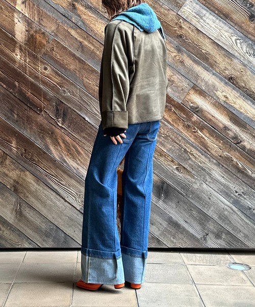 mi via loca（ミヴィアロカ）の「スウェード×ボア 配色ステッチコンチョ釦ラグランジャケット（ノーカラージャケット・レディース・ブラック/カーキ/ベージュ・FREE）」の16枚目の写真