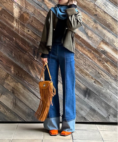 mi via loca（ミヴィアロカ）の「スウェード×ボア 配色ステッチコンチョ釦ラグランジャケット（ノーカラージャケット・レディース・ブラック/カーキ/ベージュ・FREE）」の13枚目の写真