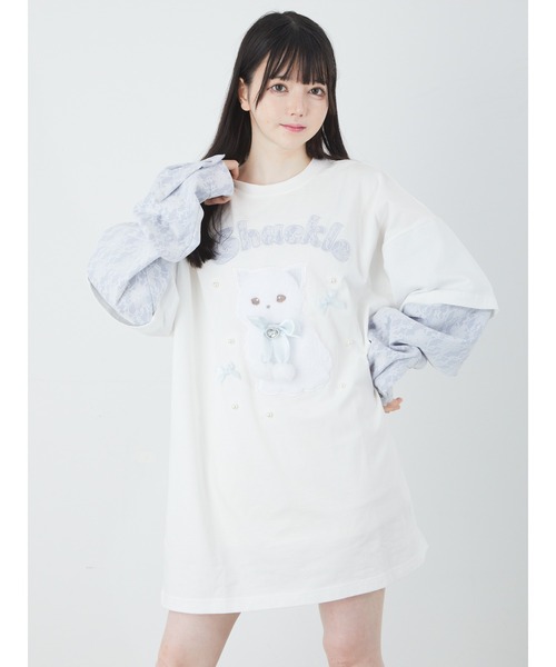Ank Rouge(アンクルージュ)の「ネコちゃんドッキングTE(Tシャツ/カットソー・レディース・ブラック/ブルー/ピンク・M)」の2枚目の写真
