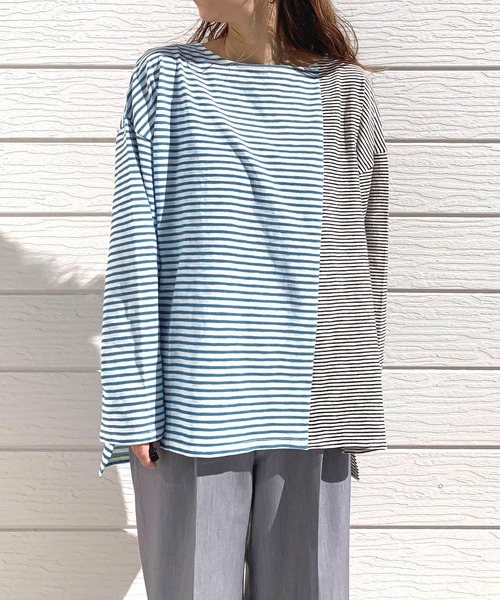 Q(キュー)の「ボーダーアシメロンT(Tシャツ/カットソー・レディース・ブルー系その他/ホワイト系その他・MEDIUM)」の3枚目の写真