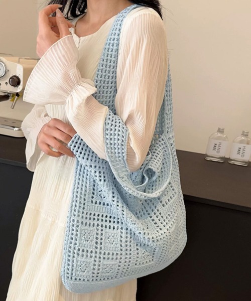 Miniministore(ミニミニストア)の「ニットバッグ クロシェ編み トートバッグ(トートバッグ・レディース・アイボリー/ライトブルー/グレー/ブラウン/グリーン/ベージュ/サンドベージュ/ダークブルー/ダークブラウン/ラベンダー・FREE)」の2枚目の写真