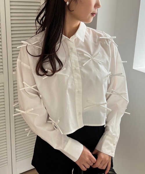 シャツ/ブラウス(長袖/七分) ensuite Ribbon tiny scallap blouse 手洗い可能〉シアー タンブラー リボン デザイン 長袖 ブラウス