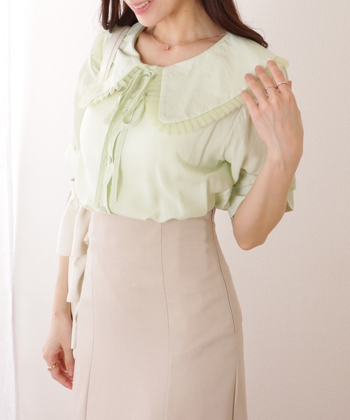 Lace Ladies(レースレディース)の「リボン付き ビッグカラー パフスリーブ 半袖 ブラウス(シャツ/ブラウス・レディース・ミント/ホワイト・XL/M/S)」の3枚目の写真