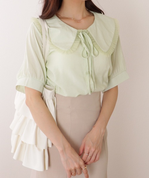 Lace Ladies(レースレディース)の「リボン付き ビッグカラー パフスリーブ 半袖 ブラウス(シャツ/ブラウス・レディース・ミント/ホワイト・XL/M/S)」の7枚目の写真