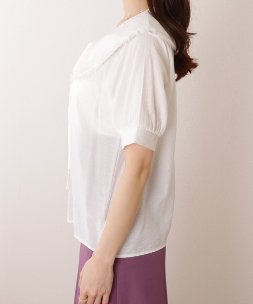 セール】リボン付き ビッグカラー パフスリーブ 半袖 ブラウス（シャツ