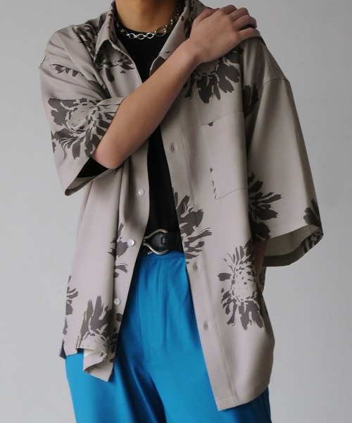 NILWAY（ニルウェイ）の「ドレープ ルーズハーフスリーブ総柄 半袖シャツ（シャツ/ブラウス・メンズ・グリーン系/ブラック系3/グレー系/グリーン系1/ブラック系2/ブラック系1/ブラック系/ホワイト系1/ホワイト系・LARGE/MEDIUM）」の12枚目の写真