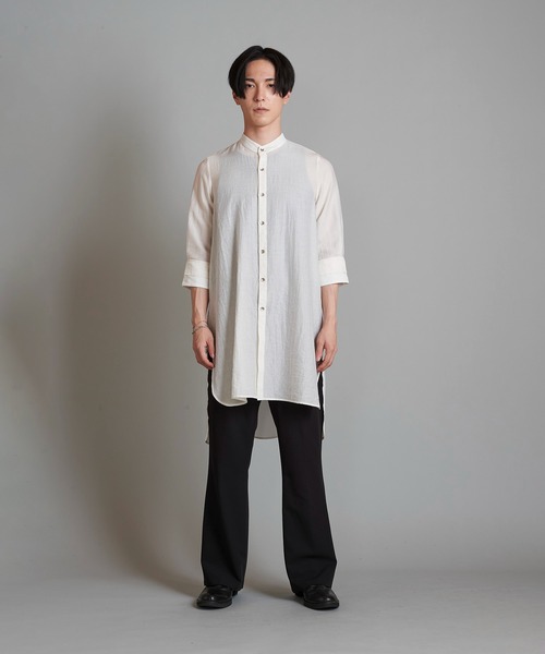 NO ID.(ノーアイディ)の「【NO ID.】Band Collar Changing Long Sheer Shirt / バンド カラー チェンジング ロング シアー シャツ(シャツ/ブラウス・メンズ・ホワイト/ブラック/グレー・1/2)」の1枚目の写真