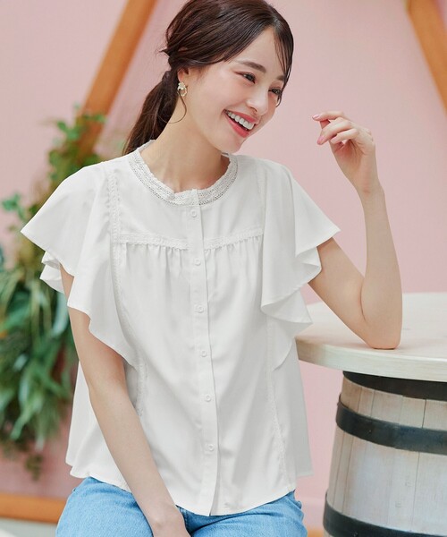 【洗える】フレアスリーブレースブラウス（シャツ/ブラウス）｜Tiaclasse（ティアクラッセ）