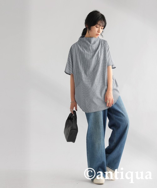 ハイネックストライプトップス（Tシャツ/カットソー）｜antiqua