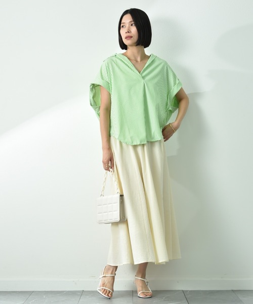 INTERPLANET（インタープラネット）の「ストライプブラウス（シャツ/ブラウス・レディース・グリーン/グレー/ブルー・FREE）」の4枚目の写真