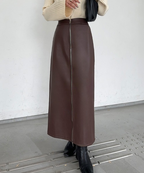 ノエビアソフィオ　ロングスカート　ゴールドの合成皮革 セール】フロントジップPUレザータイトスカート（スカート