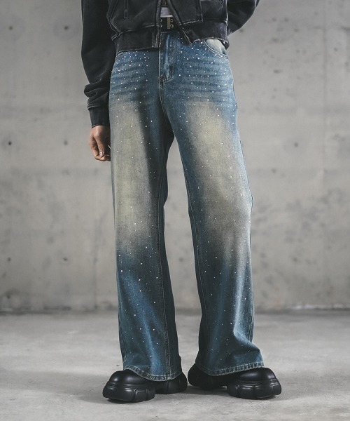 セール】シャイニーストーンラメデザインワイドデニムパンツ（デニム