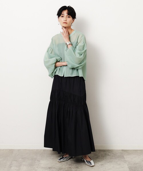 OPAQUE.CLIP（オペークドットクリップ）の「◆シアーバルーンボリュームスリーブブラウス【洗濯機洗い可】（シャツ/ブラウス・レディース・ライトグレー/グリーン系/ブラック・00）」の12枚目の写真