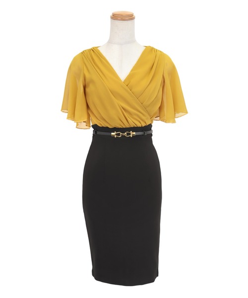 キャバドレス ベルト付き半袖カシュクールシフォン膝丈タイト