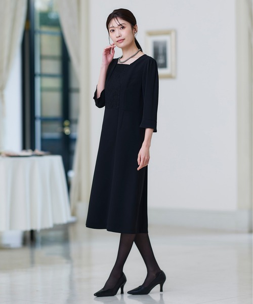 喪服・礼服】洗える防しわストレッチロング丈前開きワンピース