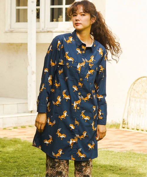 go slow caravan(ゴースローキャラバン)の「ブタ/レオパードゲッコー シャツワンピース W(シャツワンピース・レディース・ネイビー/ブラック・FREE)」の2枚目の写真