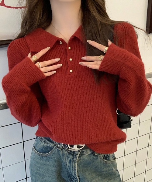 Girly Doll(ガーリードール)の「ポロカラーニット(ニット/セーター・レディース・ピンク/レッド/ブラック/モカ/ブルー/オフホワイト/ライトグリーン/ライトグレー/グレイッシュベージュ/イエロー・F)」の10枚目の写真
