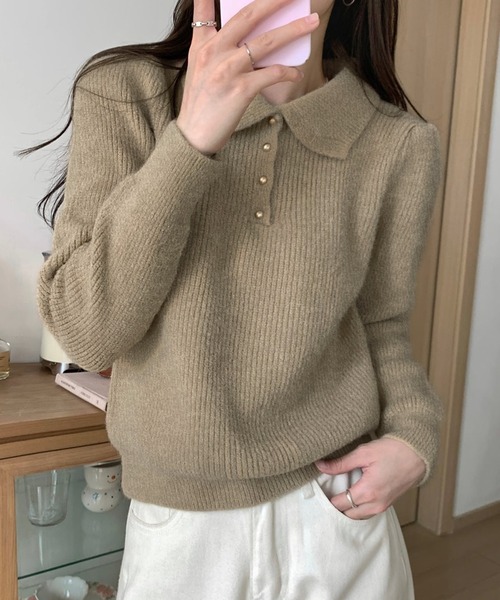 Girly Doll(ガーリードール)の「ポロカラーニット(ニット/セーター・レディース・ピンク/レッド/ブラック/モカ/ブルー/オフホワイト/ライトグリーン/ライトグレー/グレイッシュベージュ/イエロー・F)」の6枚目の写真