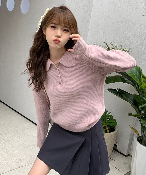 Girly Doll(ガーリードール)の「ポロカラーニット(ニット/セーター・レディース・ピンク/レッド/ブラック/モカ/ブルー/オフホワイト/ライトグリーン/ライトグレー/グレイッシュベージュ/イエロー・F)」の19枚目の写真