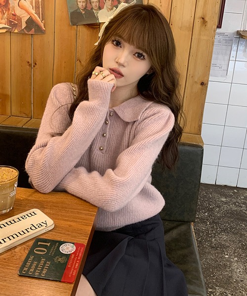 Girly Doll(ガーリードール)の「ポロカラーニット(ニット/セーター・レディース・ピンク/レッド/ブラック/モカ/ブルー/オフホワイト/ライトグリーン/ライトグレー/グレイッシュベージュ/イエロー・F)」の20枚目の写真