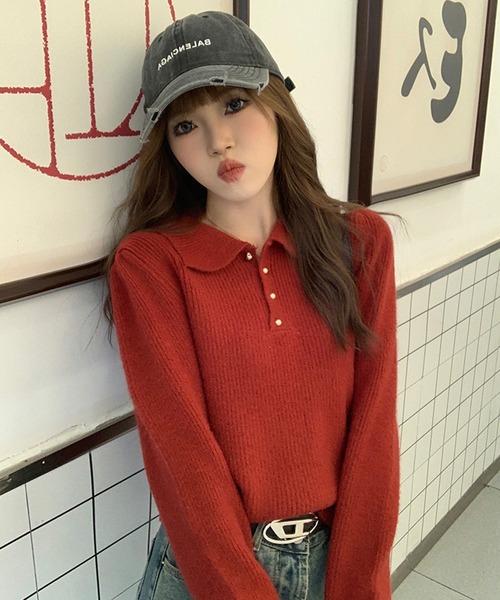 Girly Doll(ガーリードール)の「ポロカラーニット(ニット/セーター・レディース・ピンク/レッド/ブラック/モカ/ブルー/オフホワイト/ライトグリーン/ライトグレー/グレイッシュベージュ/イエロー・F)」の18枚目の写真