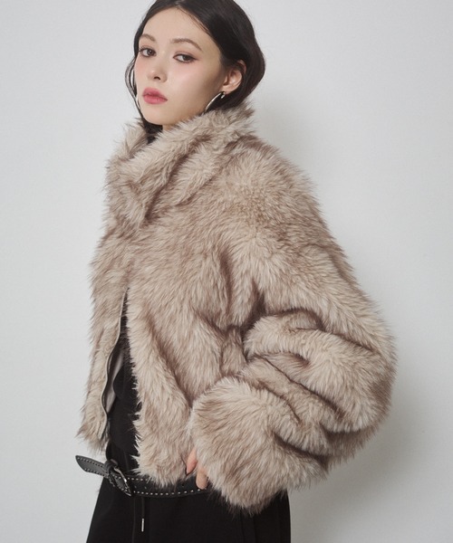 ベージュファーショートジャケット フェイクファー ショートジャケット（その他アウター）｜ENVYM
